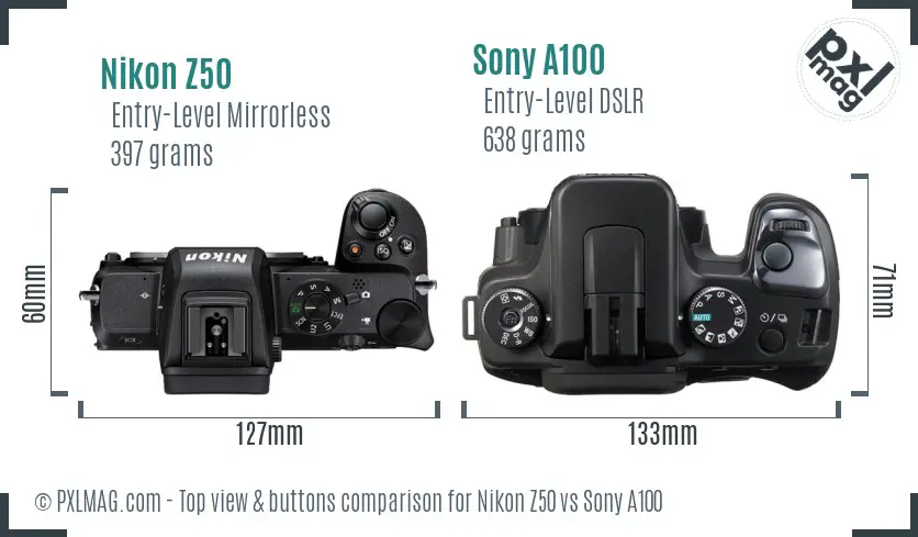 Nikon Z50 vs Sony A100 top view buttons comparison