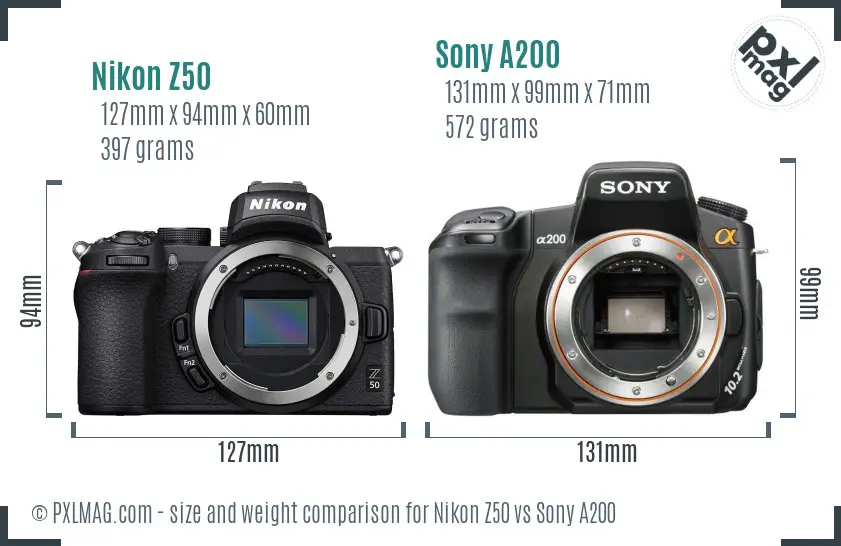 Nikon Z50 vs Sony A200 size comparison