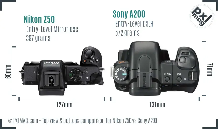 Nikon Z50 vs Sony A200 top view buttons comparison