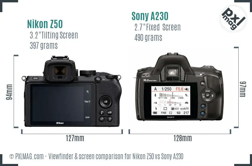 Nikon Z50 vs Sony A230 Screen and Viewfinder comparison