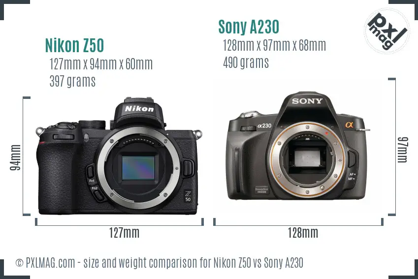 Nikon Z50 vs Sony A230 size comparison