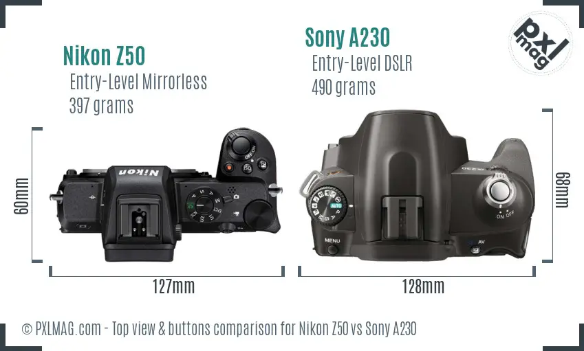 Nikon Z50 vs Sony A230 top view buttons comparison