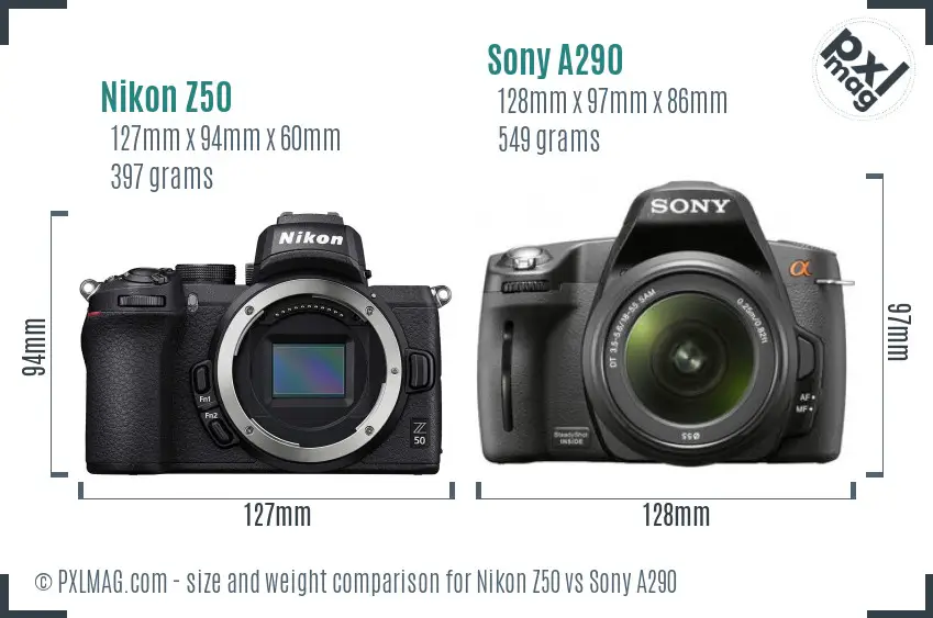 Nikon Z50 vs Sony A290 size comparison
