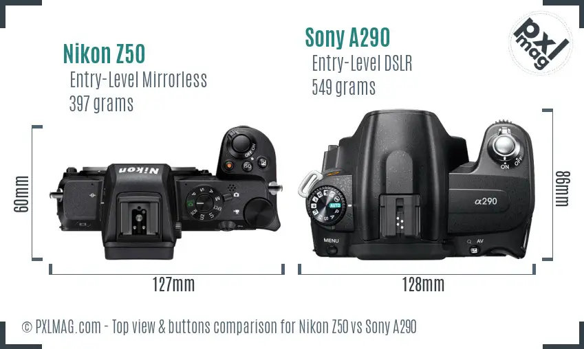 Nikon Z50 vs Sony A290 top view buttons comparison