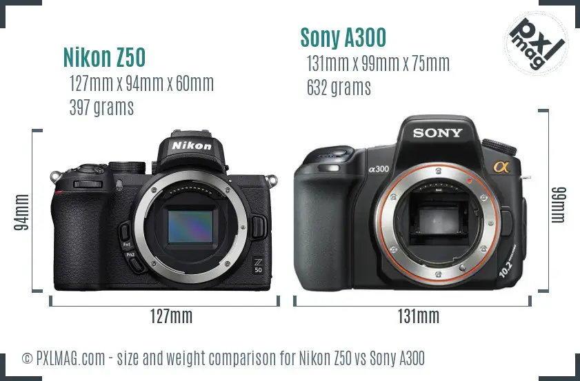 Nikon Z50 vs Sony A300 size comparison