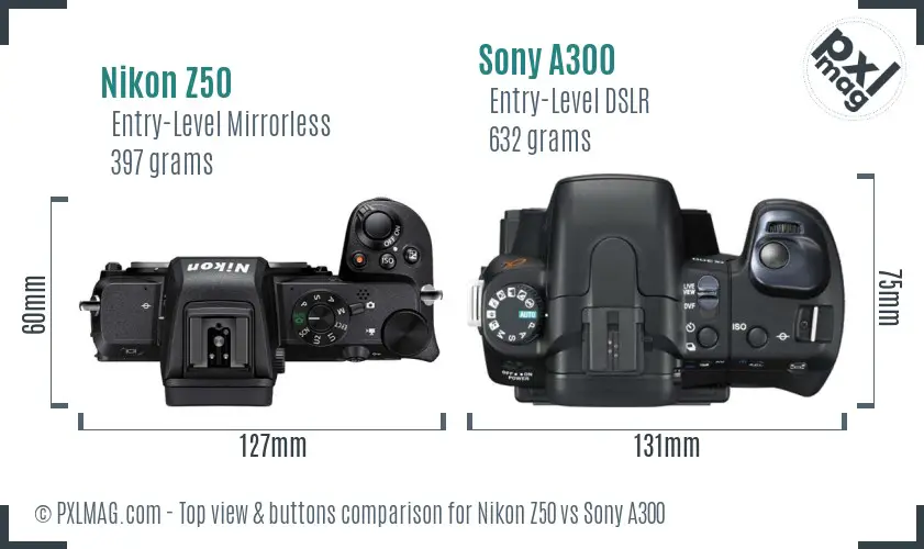 Nikon Z50 vs Sony A300 top view buttons comparison