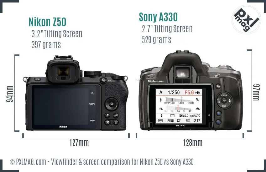 Nikon Z50 vs Sony A330 Screen and Viewfinder comparison