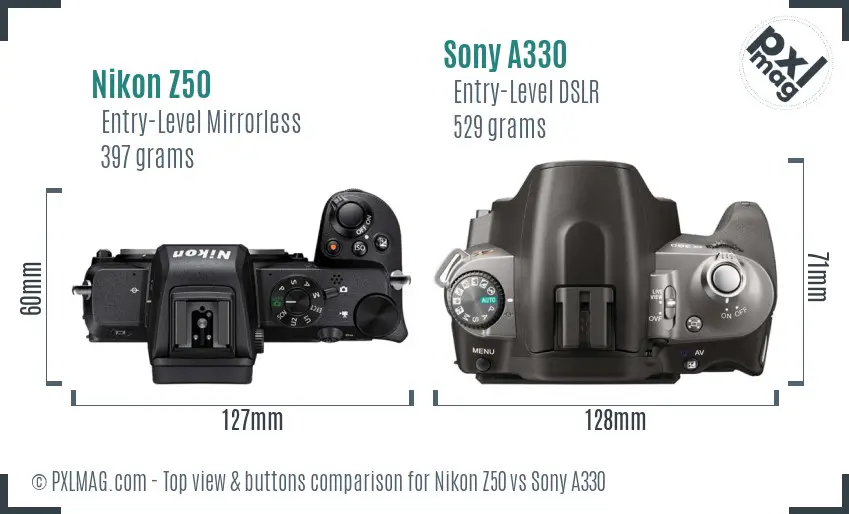 Nikon Z50 vs Sony A330 top view buttons comparison