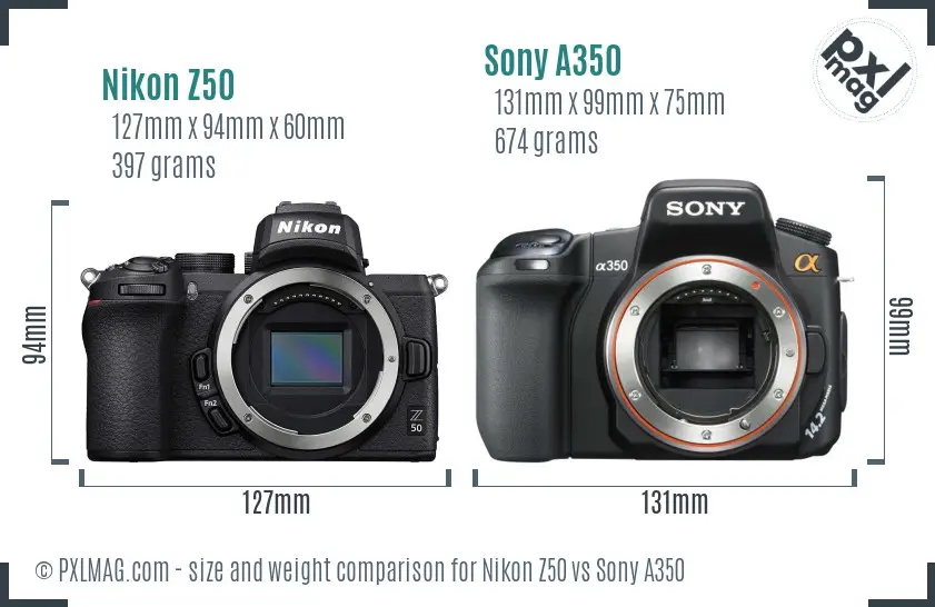 Nikon Z50 vs Sony A350 size comparison