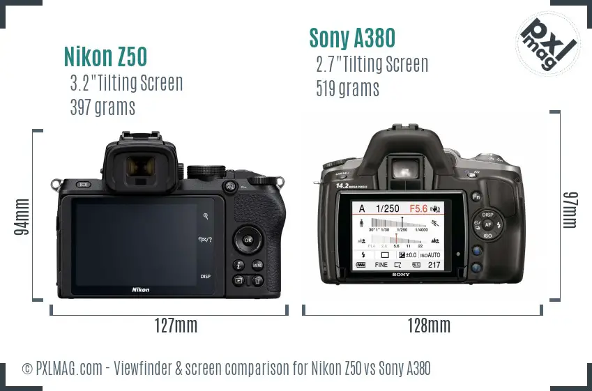 Nikon Z50 vs Sony A380 Screen and Viewfinder comparison