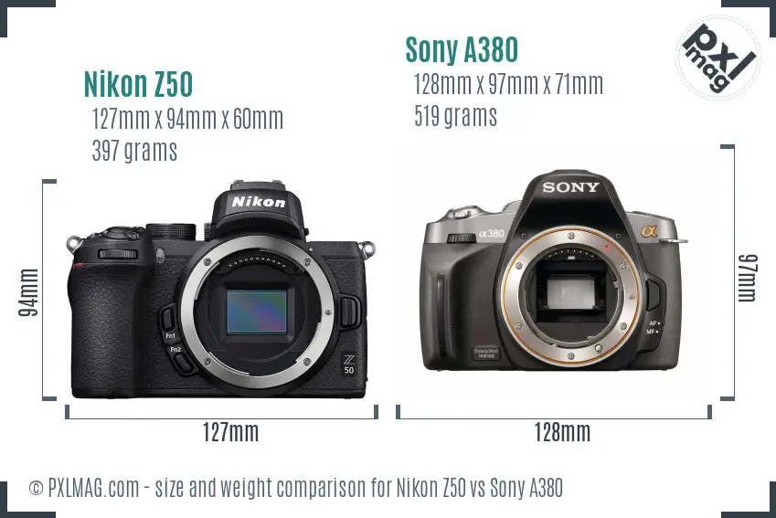 Nikon Z50 vs Sony A380 size comparison