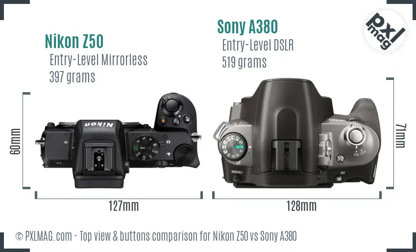Nikon Z50 vs Sony A380 top view buttons comparison