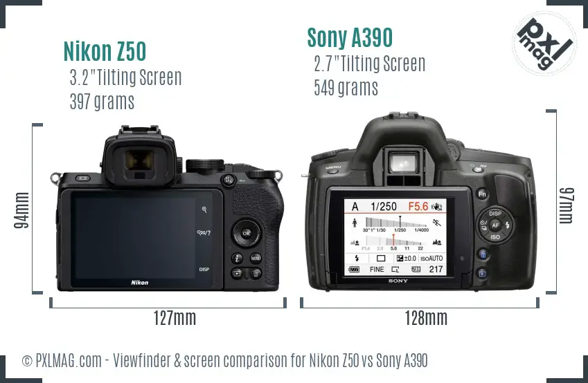 Nikon Z50 vs Sony A390 Screen and Viewfinder comparison