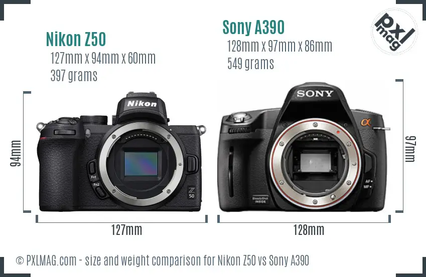 Nikon Z50 vs Sony A390 size comparison