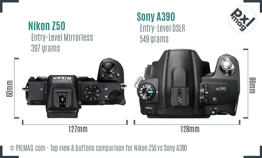 Nikon Z50 vs Sony A390 top view buttons comparison