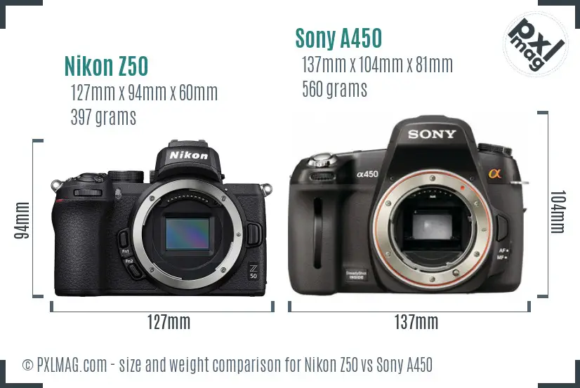Nikon Z50 vs Sony A450 size comparison
