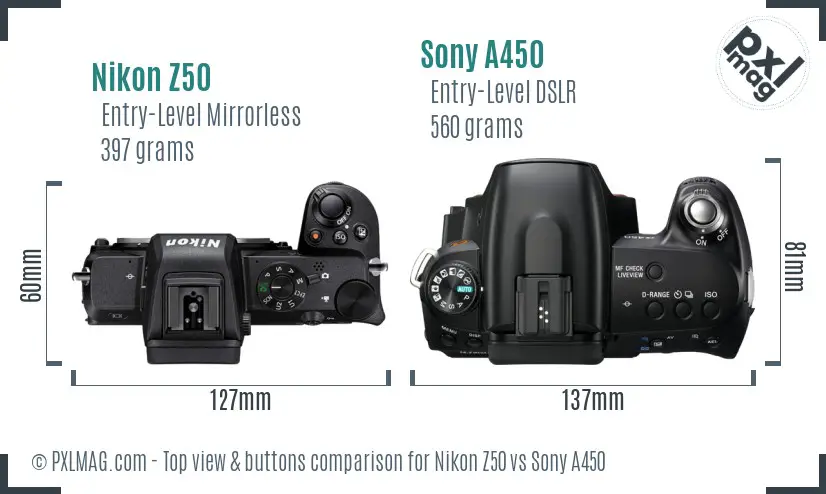 Nikon Z50 vs Sony A450 top view buttons comparison