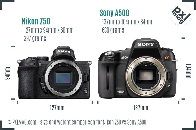 Nikon Z50 vs Sony A500 size comparison