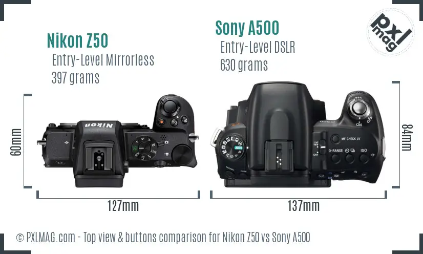 Nikon Z50 vs Sony A500 top view buttons comparison