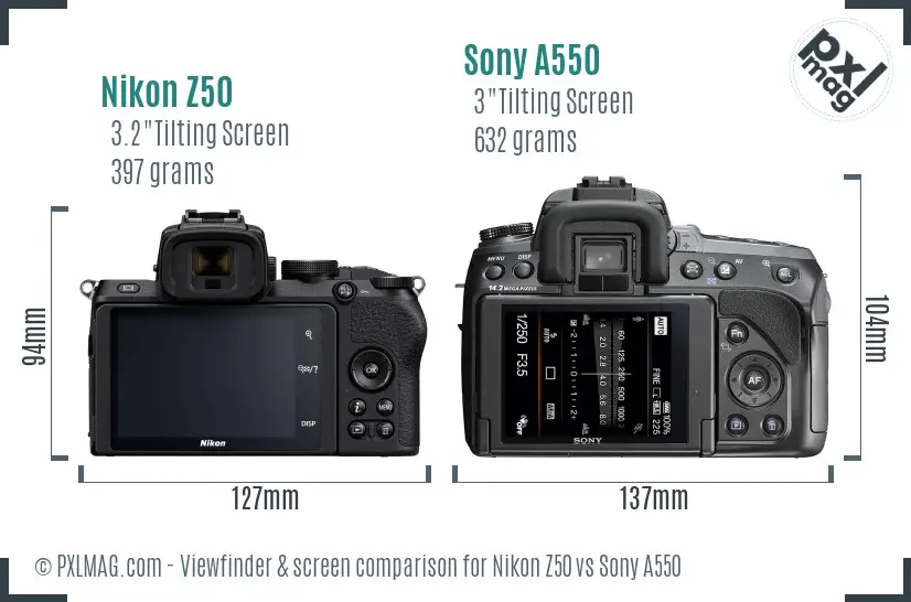 Nikon Z50 vs Sony A550 Screen and Viewfinder comparison