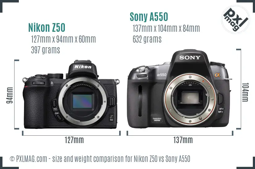 Nikon Z50 vs Sony A550 size comparison