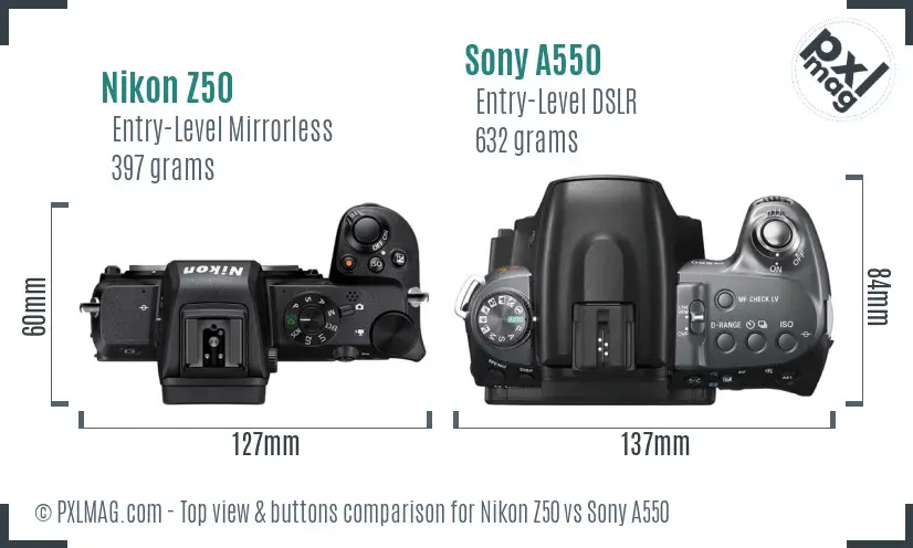 Nikon Z50 vs Sony A550 top view buttons comparison