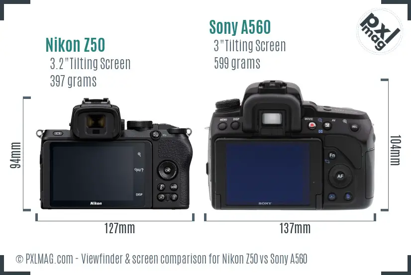 Nikon Z50 vs Sony A560 Screen and Viewfinder comparison