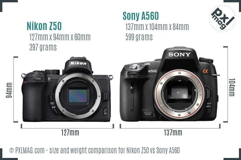 Nikon Z50 vs Sony A560 size comparison