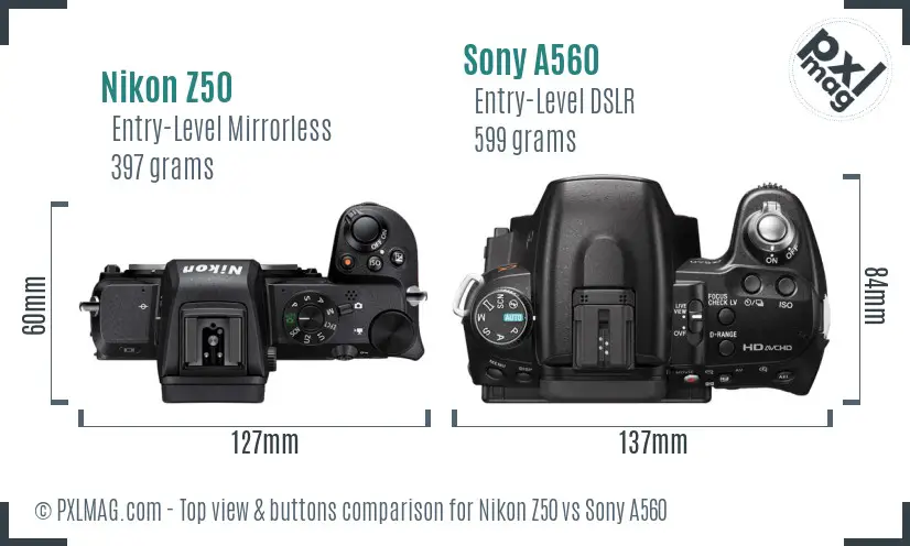 Nikon Z50 vs Sony A560 top view buttons comparison