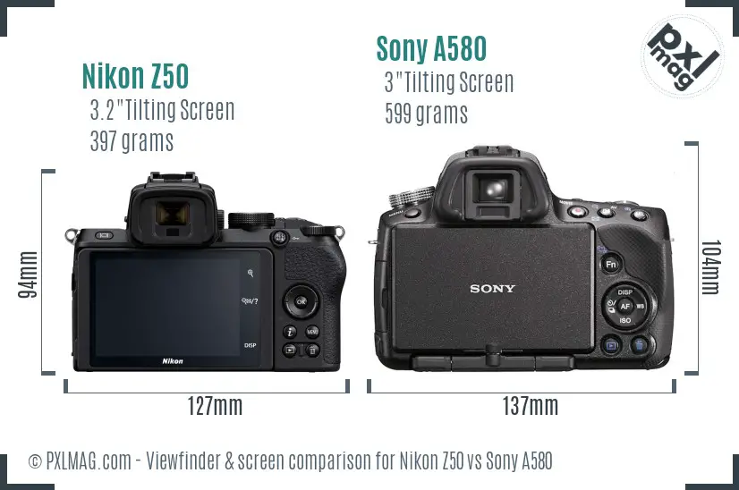 Nikon Z50 vs Sony A580 Screen and Viewfinder comparison