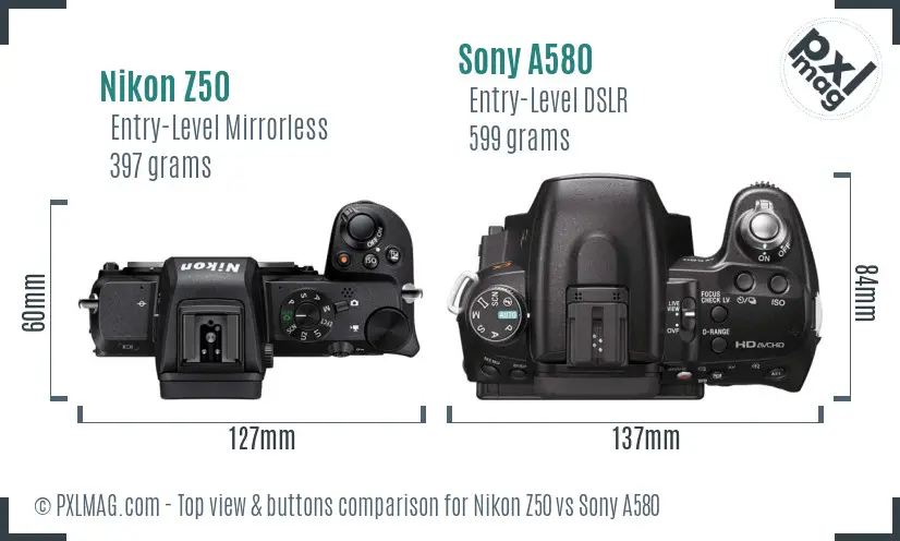 Nikon Z50 vs Sony A580 top view buttons comparison