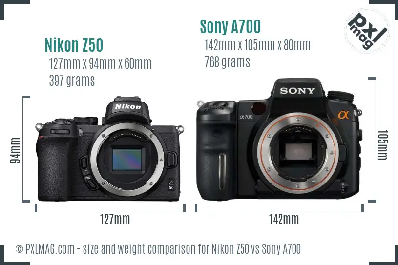 Nikon Z50 vs Sony A700 size comparison
