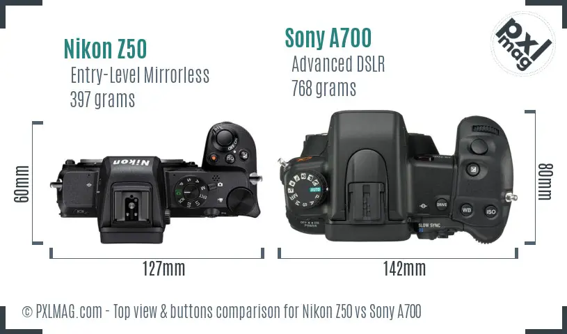 Nikon Z50 vs Sony A700 top view buttons comparison