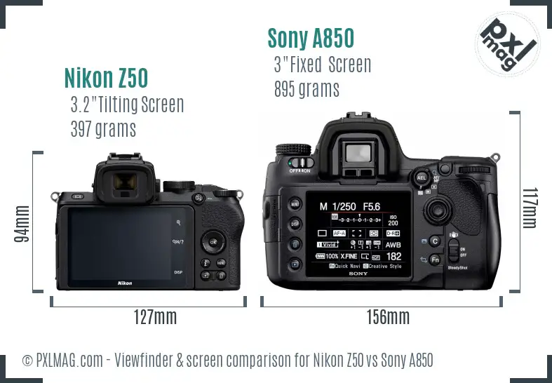 Nikon Z50 vs Sony A850 Screen and Viewfinder comparison