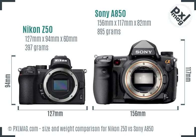 Nikon Z50 vs Sony A850 size comparison