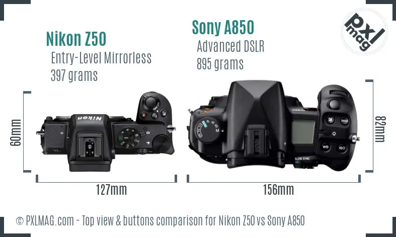 Nikon Z50 vs Sony A850 top view buttons comparison