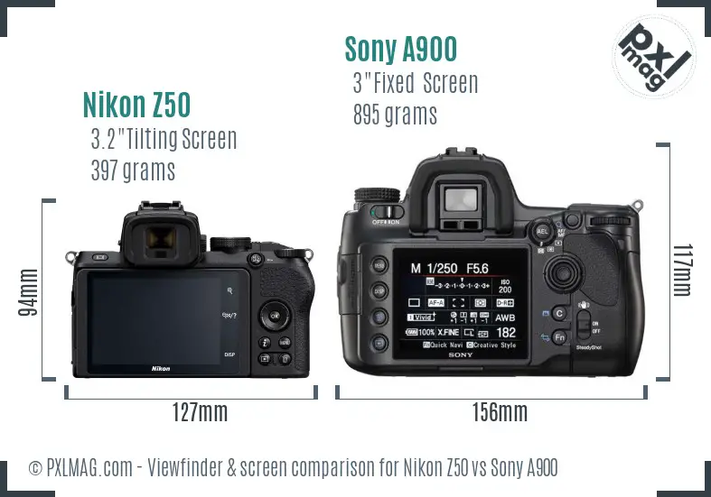 Nikon Z50 vs Sony A900 Screen and Viewfinder comparison