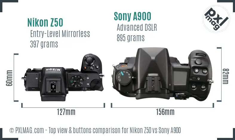 Nikon Z50 vs Sony A900 top view buttons comparison