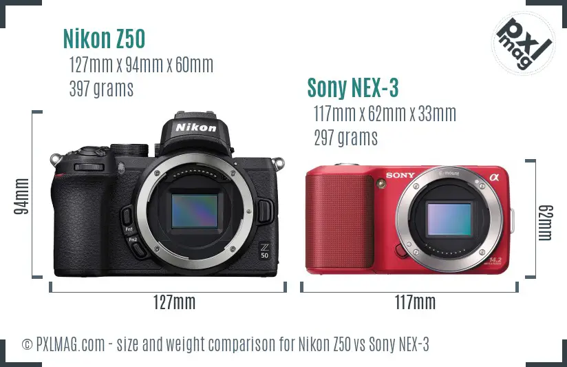 Nikon Z50 vs Sony NEX-3 size comparison