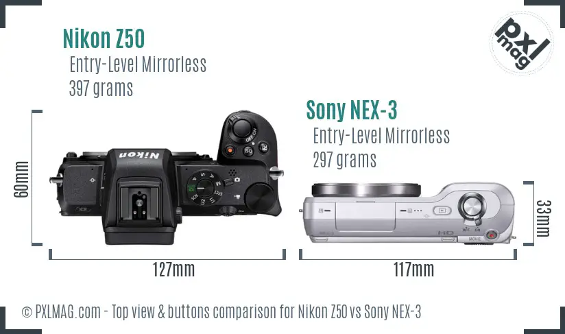 Nikon Z50 vs Sony NEX-3 top view buttons comparison