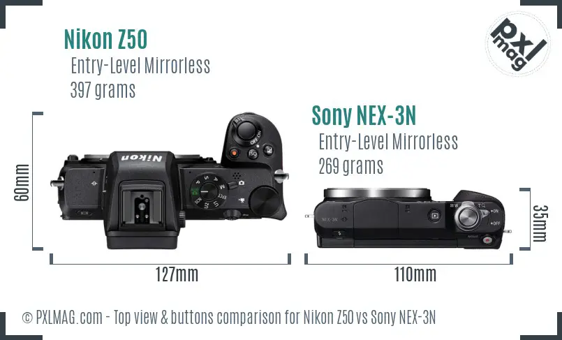 Nikon Z50 vs Sony NEX-3N top view buttons comparison