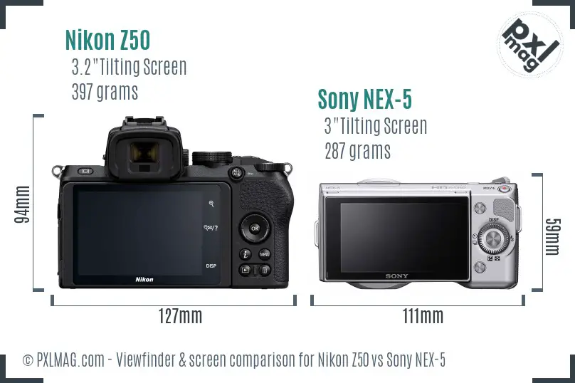 Nikon Z50 vs Sony NEX-5 Screen and Viewfinder comparison