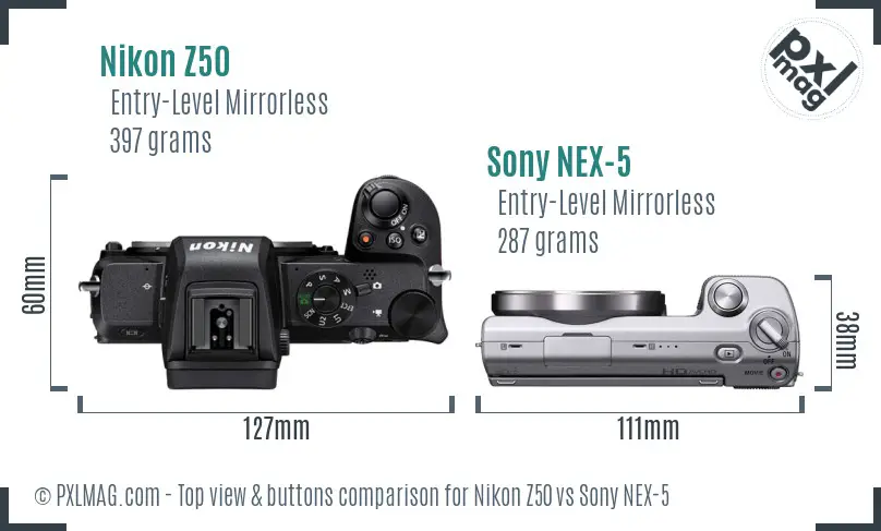 Nikon Z50 vs Sony NEX-5 top view buttons comparison