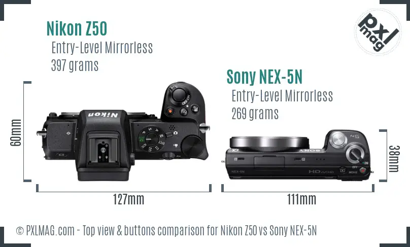 Nikon Z50 vs Sony NEX-5N top view buttons comparison