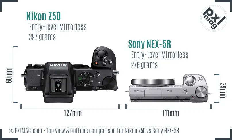 Nikon Z50 vs Sony NEX-5R top view buttons comparison