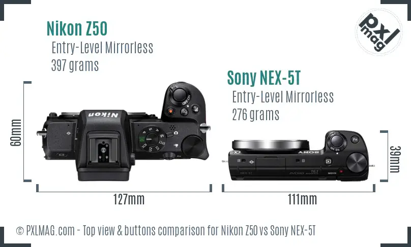 Nikon Z50 vs Sony NEX-5T top view buttons comparison