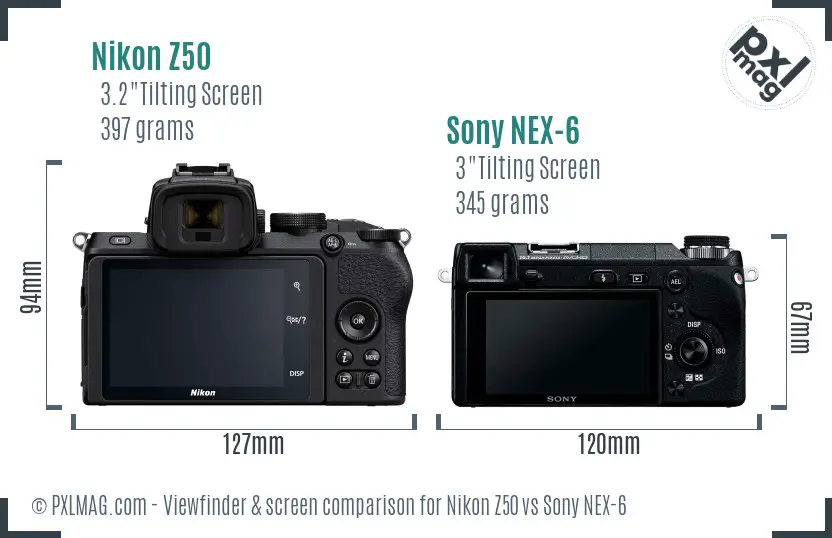 Nikon Z50 vs Sony NEX-6 Screen and Viewfinder comparison