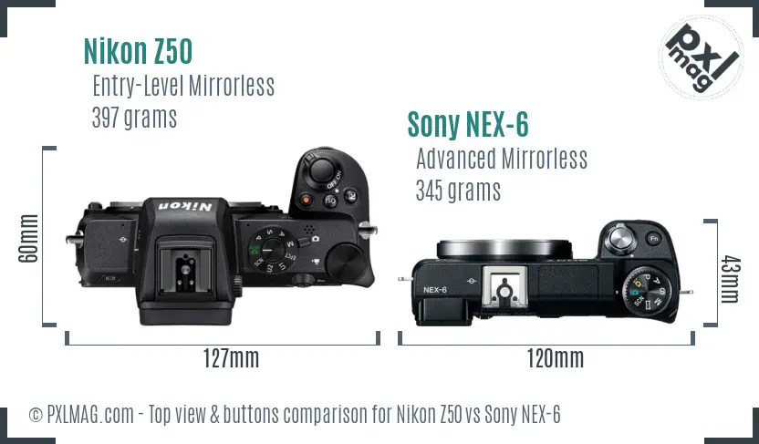 Nikon Z50 vs Sony NEX-6 top view buttons comparison