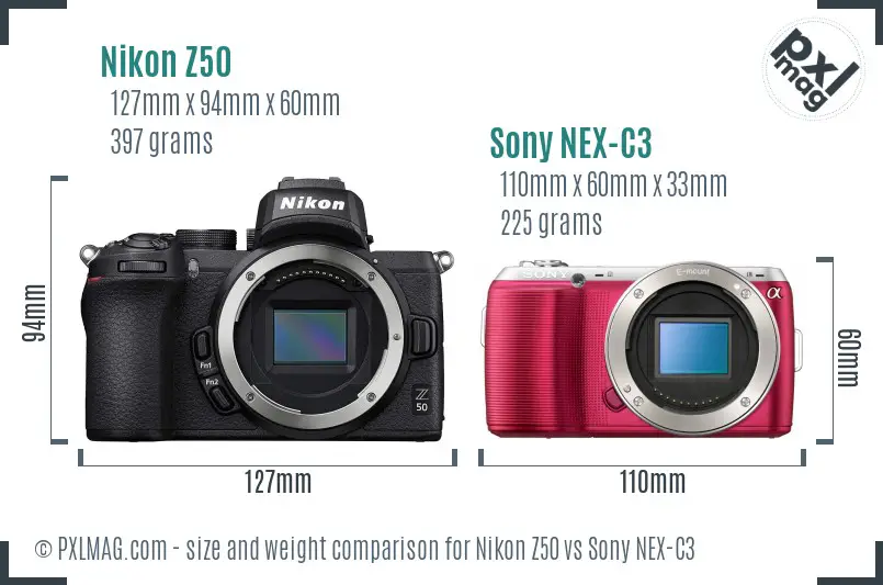 Nikon Z50 vs Sony NEX-C3 size comparison