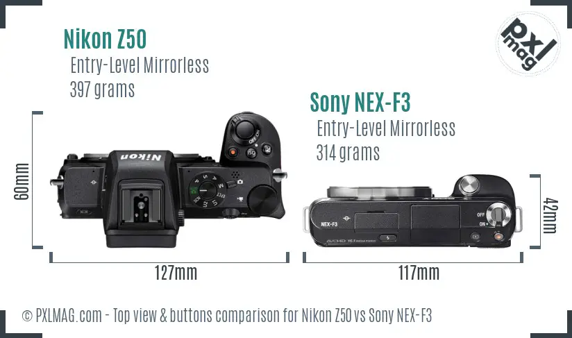 Nikon Z50 vs Sony NEX-F3 top view buttons comparison